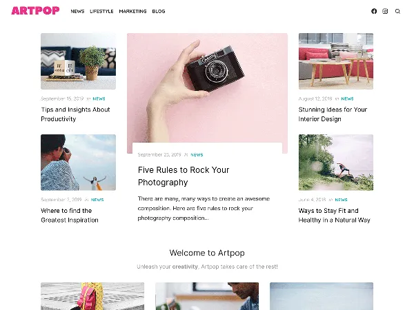 Artpop is a recommended free GPL-licensed WordPress theme available on wordpress.org.