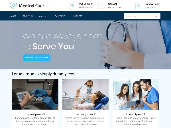 Medical Care is a recommended free GPL-licensed WordPress theme available on wordpress.org.