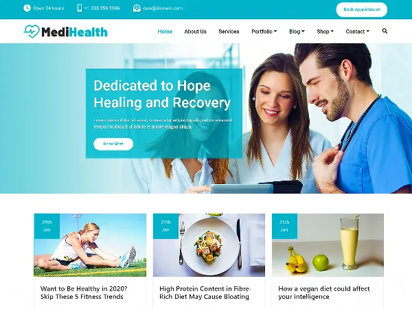 MediHealth is a recommended free GPL-licensed WordPress theme available on wordpress.org.