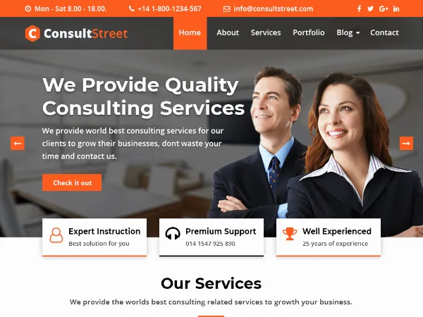 ConsultStreet is a recommended free GPL-licensed WordPress theme available on wordpress.org.