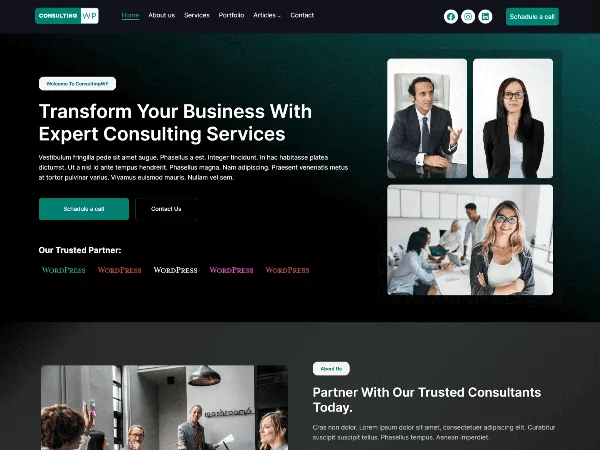 ConsultingWP is a recommended free GPL-licensed WordPress theme available on wordpress.org.