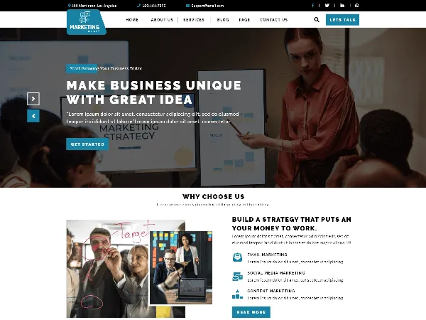 Alpha Marketing Agency is a recommended free GPL-licensed WordPress theme available on wordpress.org.