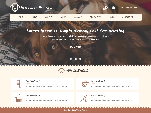 Veterinary Pet Care is a recommended free GPL-licensed WordPress theme available on wordpress.org.