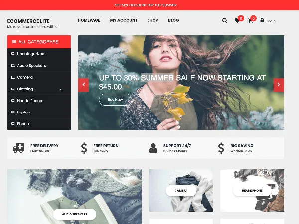eCommerce Lite is a recommended free GPL-licensed WordPress theme available on wordpress.org.