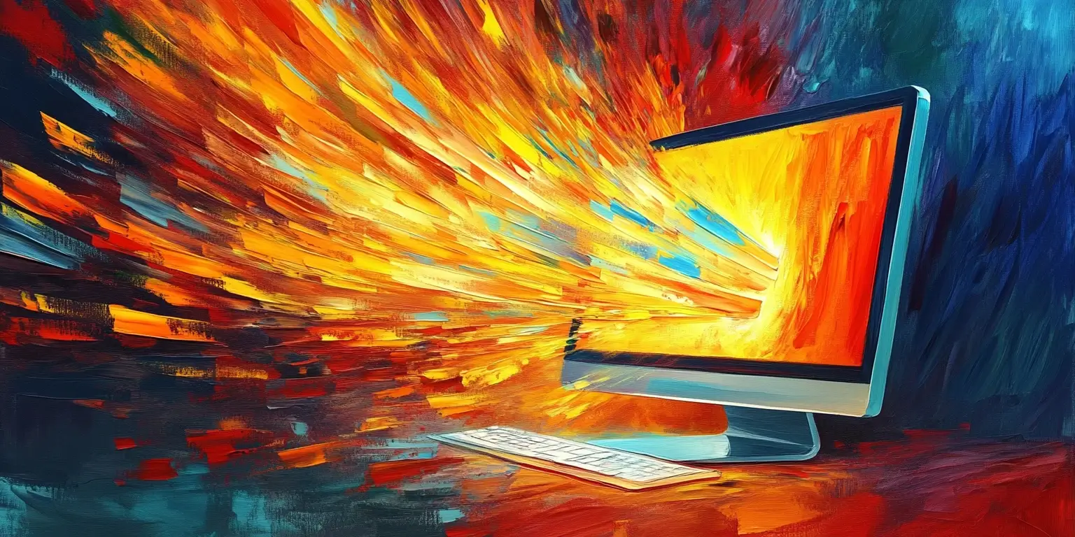 A colorful image of a computer screen with a whirlwind of colors bursting out of it.