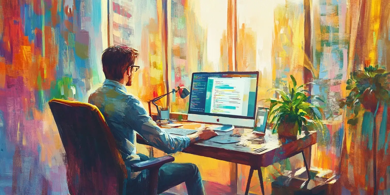 Colorful illustration of a programmer on his desk working on his computer.