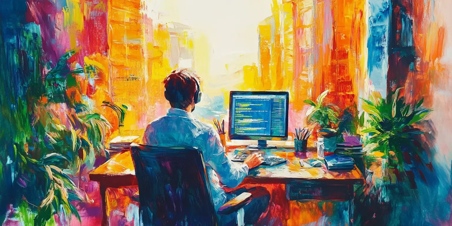 Colorful illustration of a programmer working on his computer at his office.