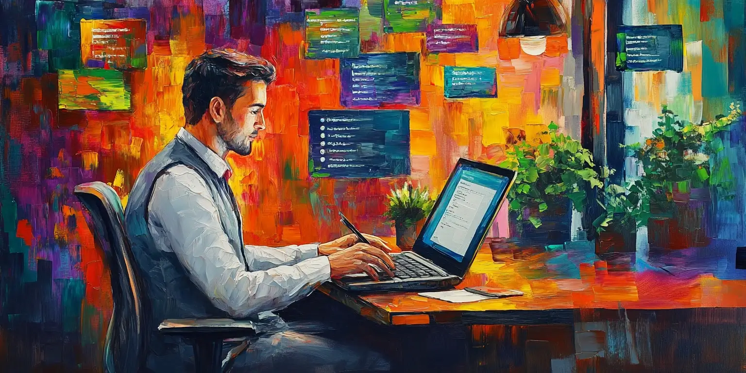 A colorful illustration of a programmer working on his laptop, asking a chatbot questions.