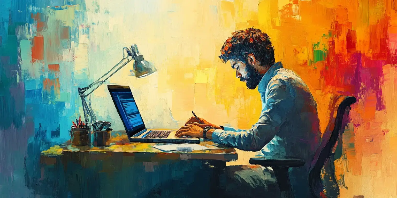 Colorful illustration of a web crawler programmer sitting at his desk.