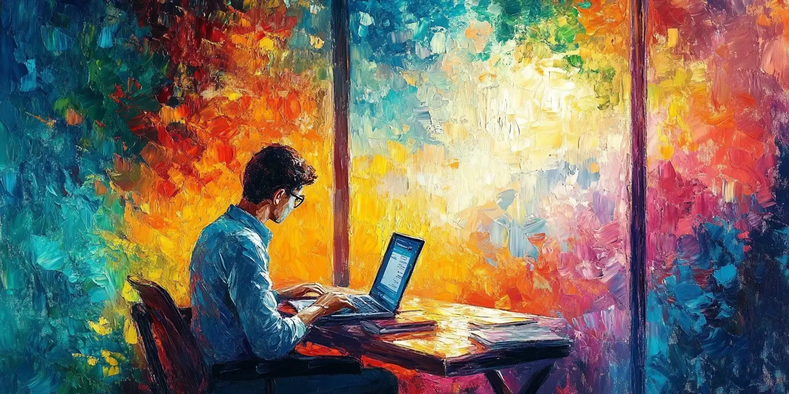 Colorful illustration of a web crawler programmer sitting at his desk.