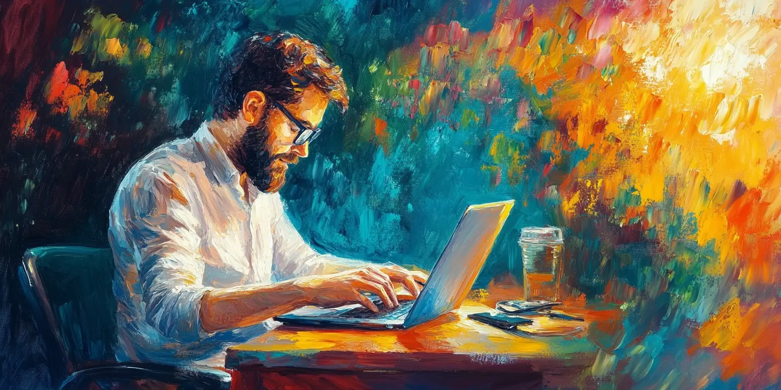 Colorful illustration of a web application developer sitting at a desk.