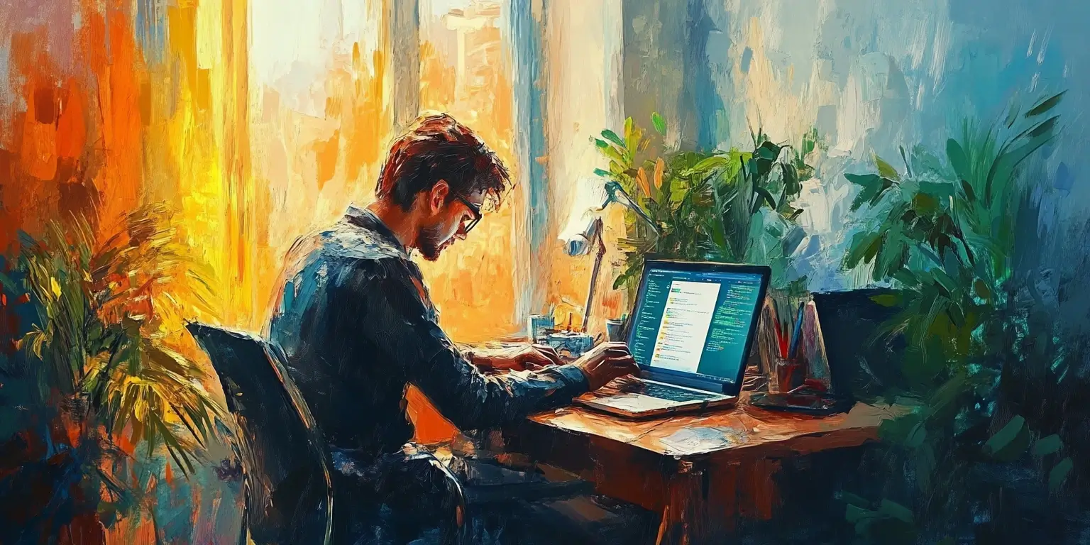 Colorful illustration of a web crawler developer working on a laptop at a desk.