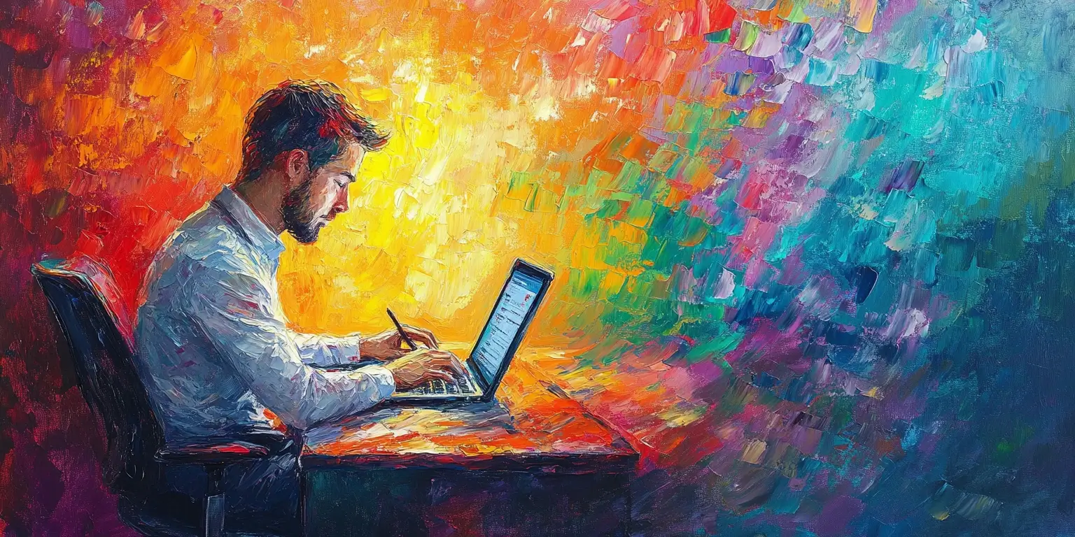 Colorful illustration of a programmer working at a laptop on a desk.