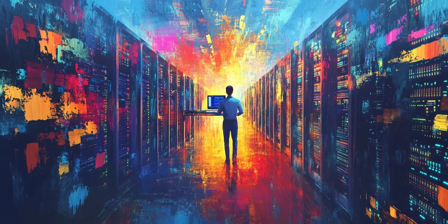 Colorful illustration of a server manager working at a console in a data center.