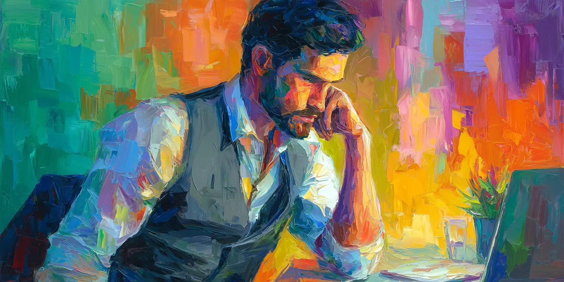 Colorful illustration of a man at a laptop.