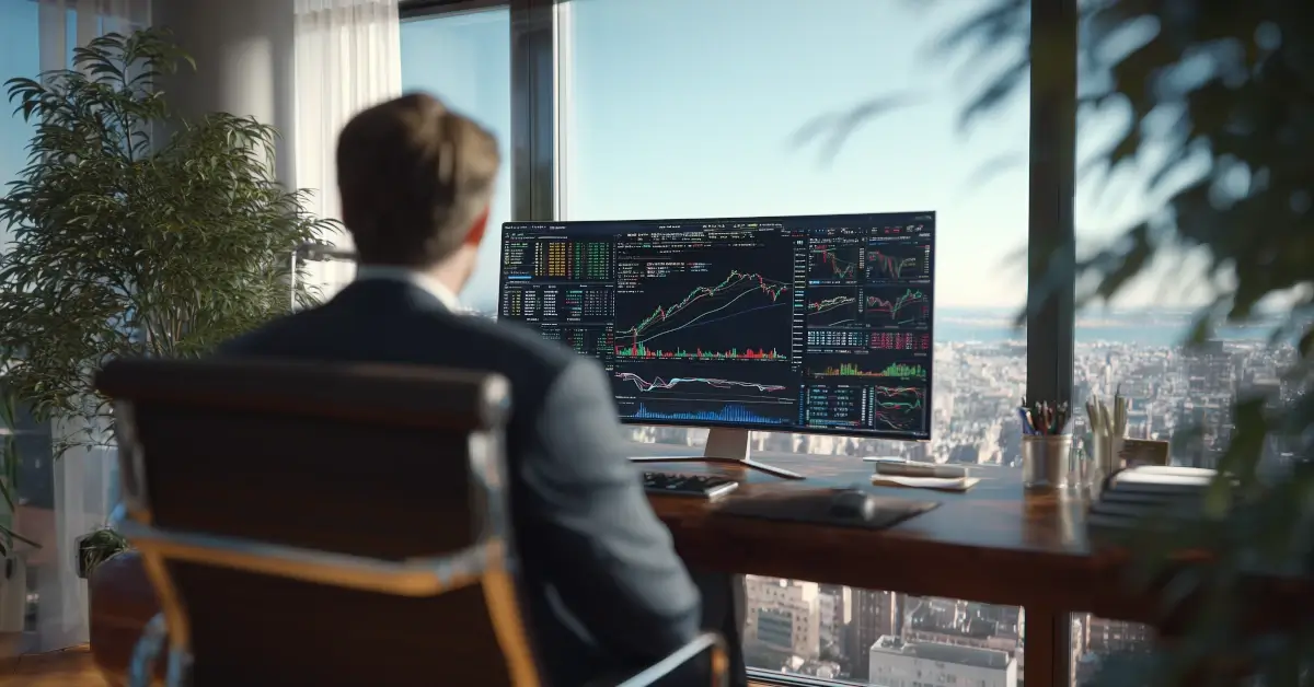 Illustration of a financial analyst looking at computer screens in an office.
