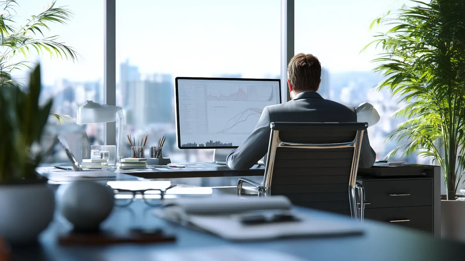 Illustration of a financial analyst looking at a computer screen in an office.