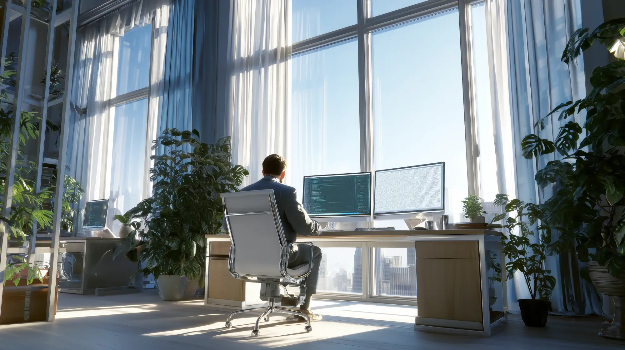 Illustration of a programmer working in a bright, airy office at a desk with plants.
