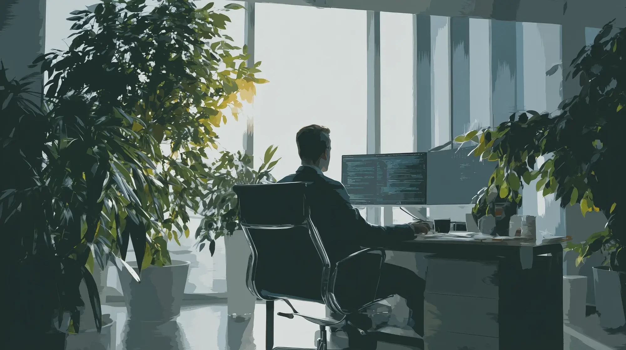 Colorful illustration of a programmer working in a bright, airy office at a desk with plants.