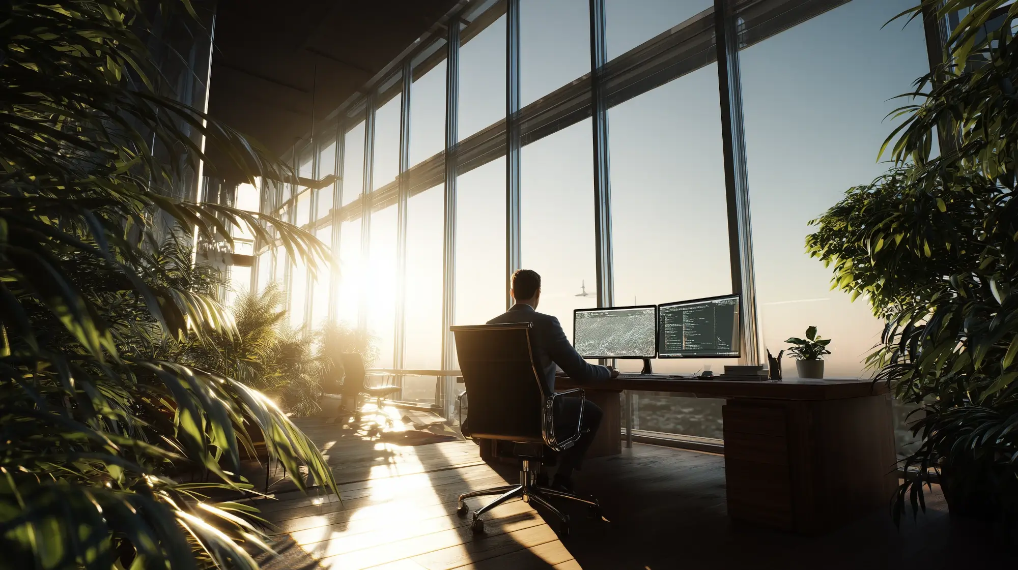 Illustration of a programmer working at a desk in a room with a lot of plants and tall glass windows with sunlight coming through.