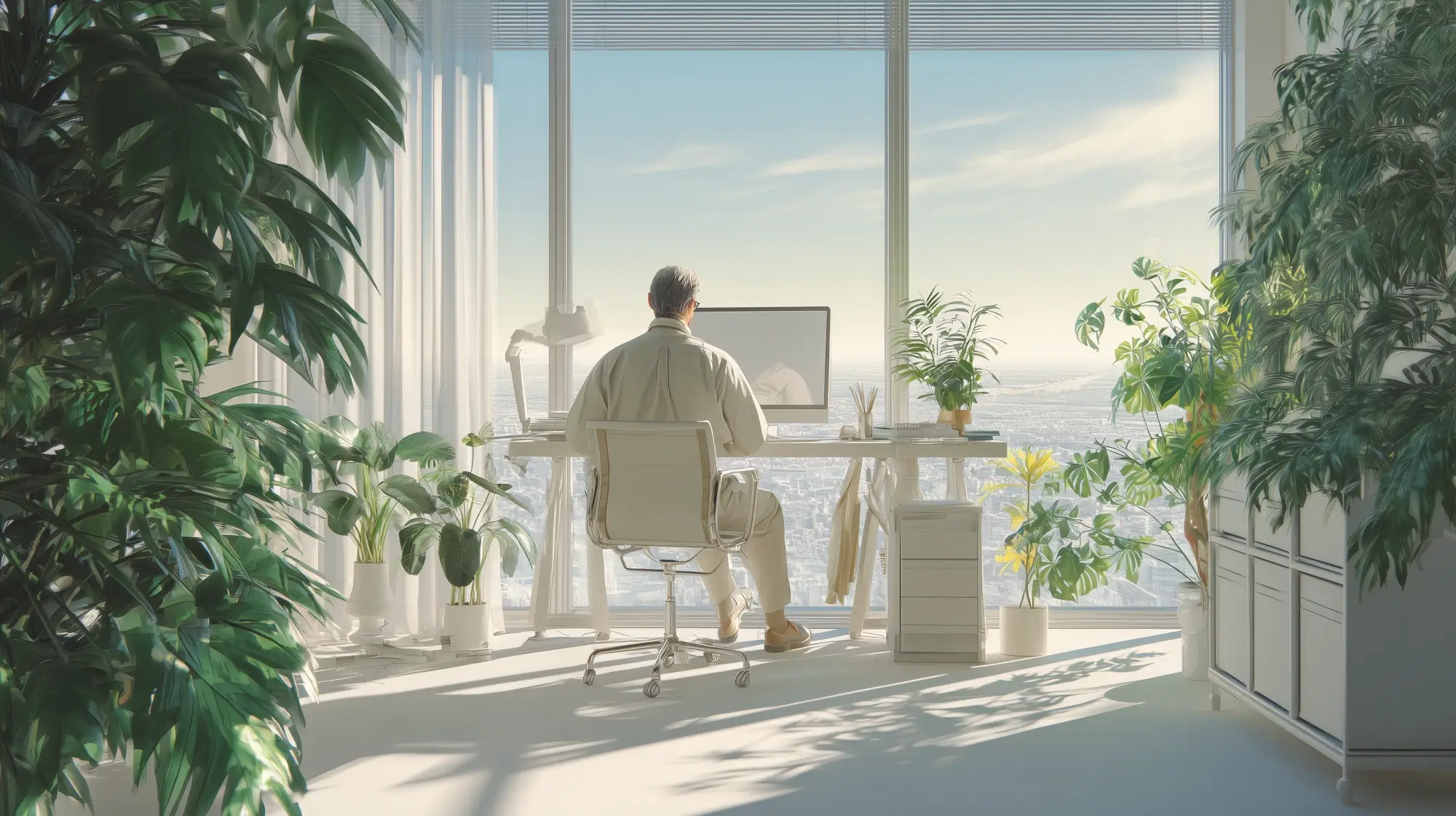 Colorful illustration of a programmer working in a skyscraper office with a lot of plants, at a desk, looking out a large window with a lot of sunlight coming through.