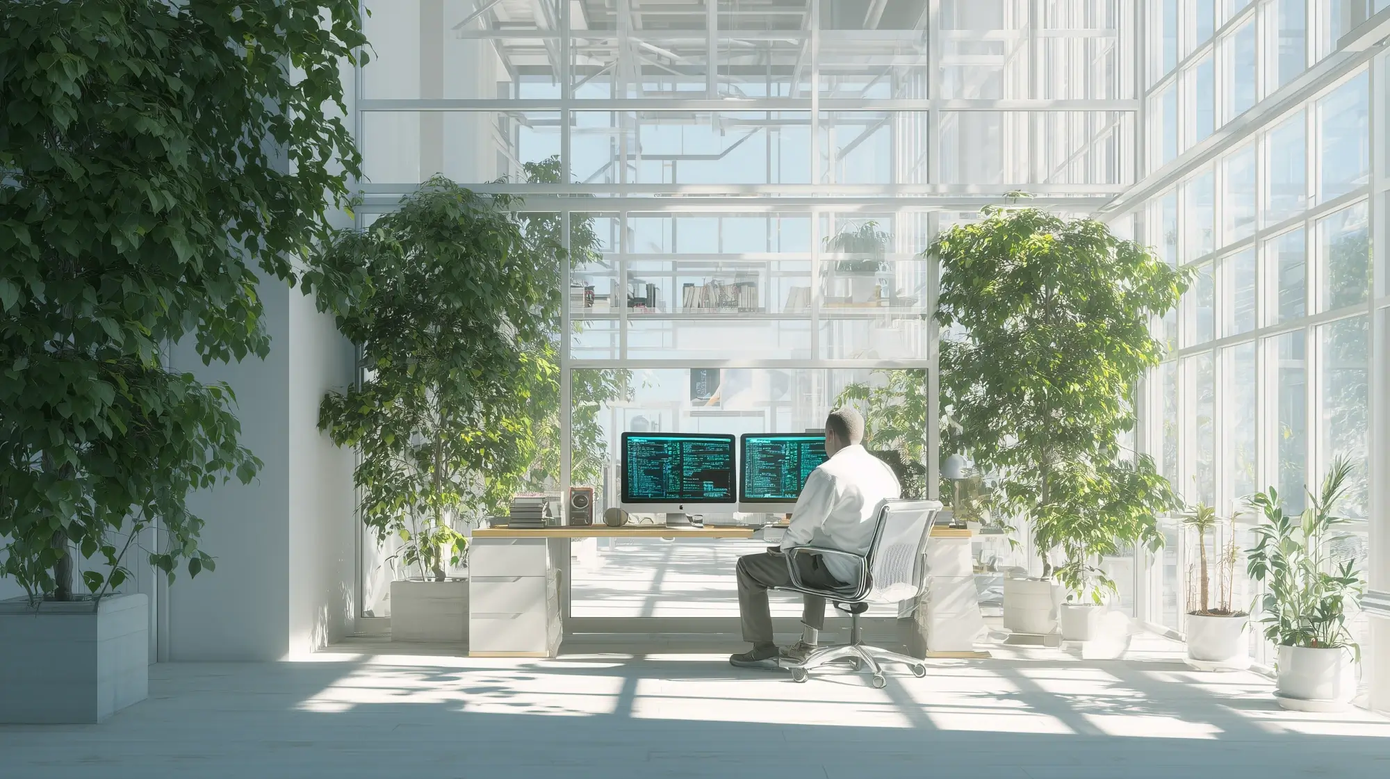 Colorful illustration of a programmer working in a large, airy office with lots of windows and sunlight coming through.