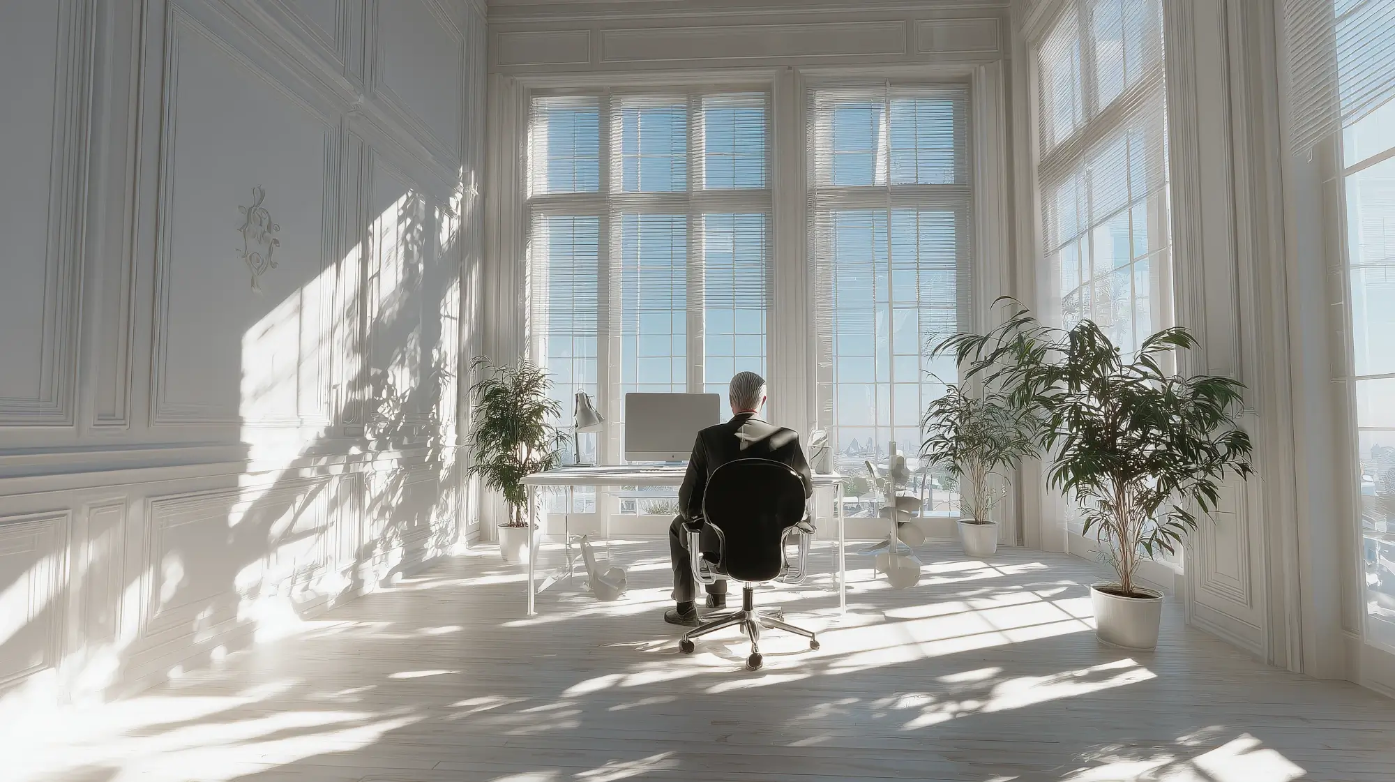 Colorful illustration of a programmer working at a desk in a light, airy office with large windows and a lot of sunlight.