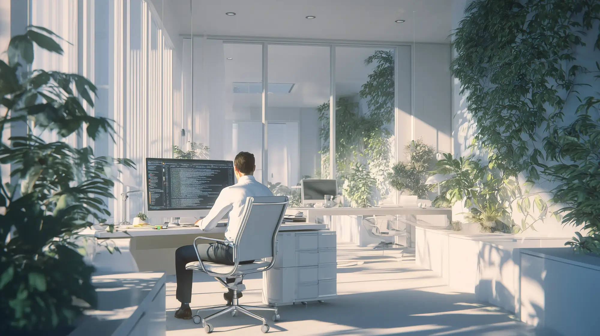 Colorful illustration of a programmer working in a bright, airy office with lots of plants and sunlight.
