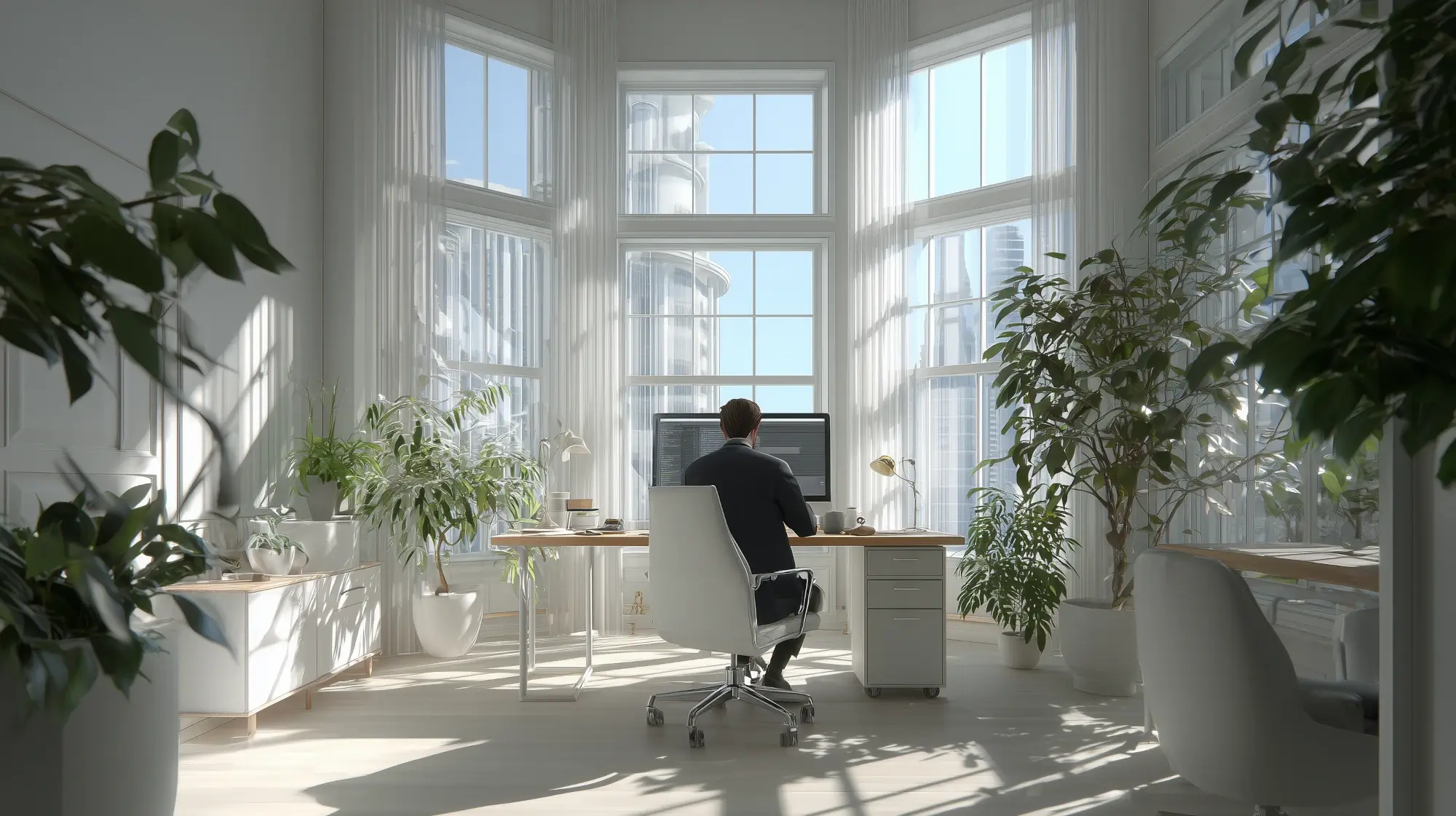 Colorful illustration of a programmer working at a desk in front of a large window with a lot of light, in an office with a lot of plants.
