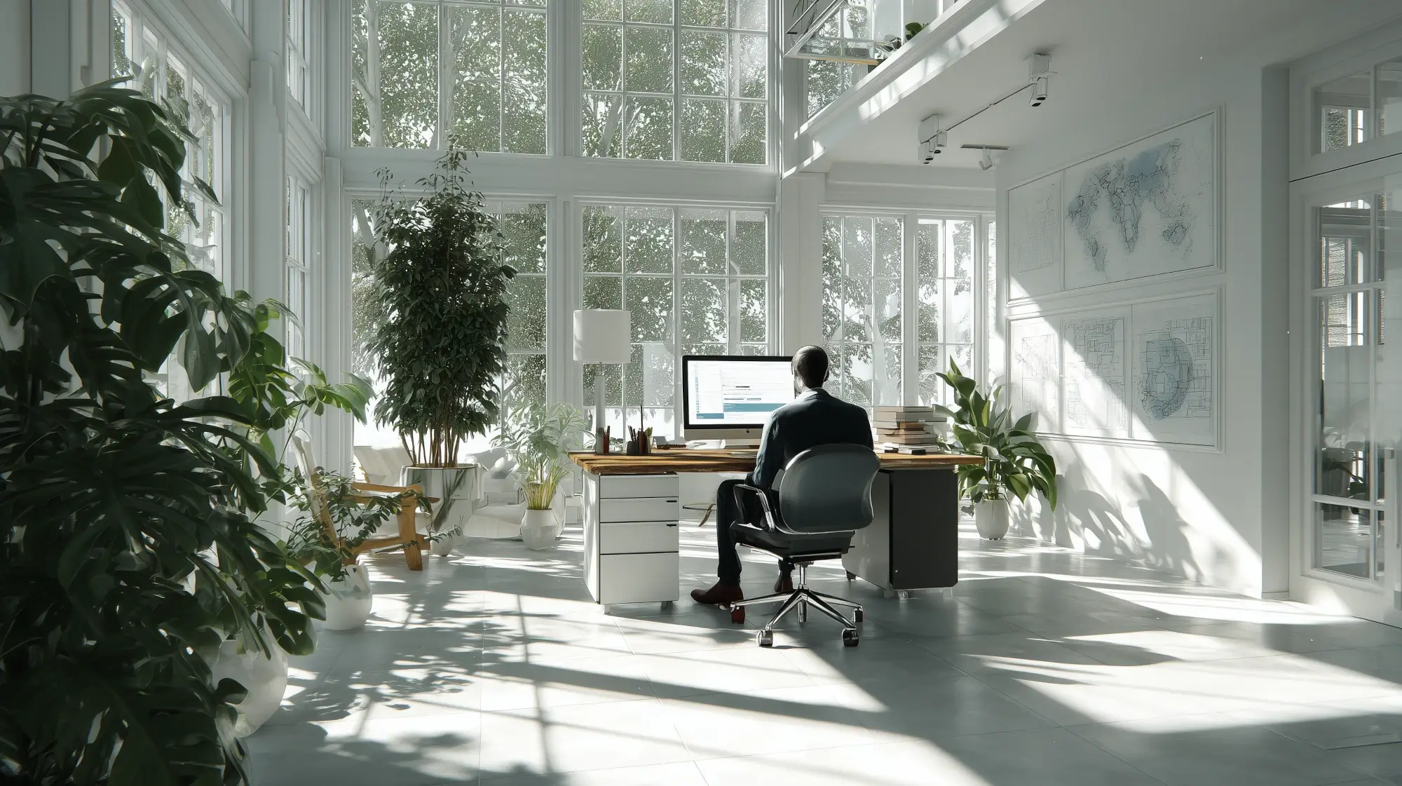 Colorful illustration of a programmer working in a bright, airy office with a lot of plants.