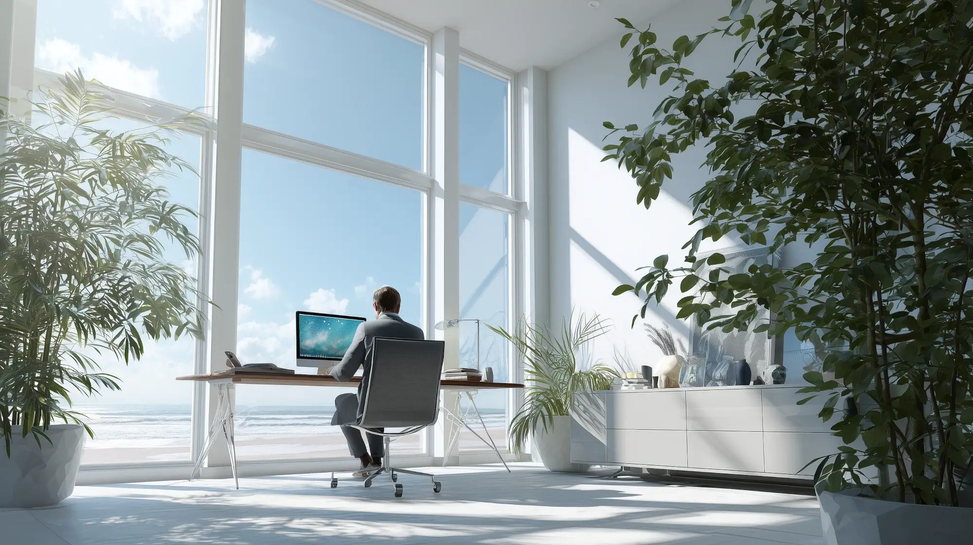 Colorful illustration of a programmer working at a home office at a beach with plants in the office and large windows with sunlight coming through.