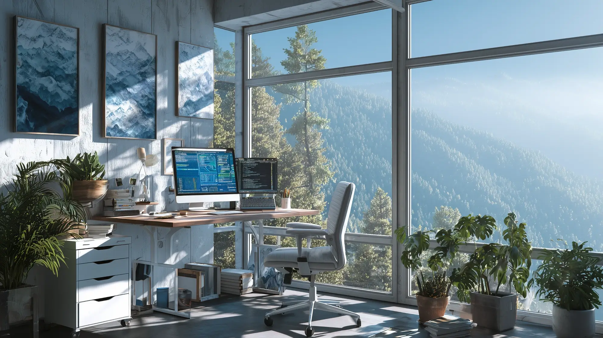 Colorful illustration of a home office in the mountains with a desk and large windows with a lot of light pouring through.