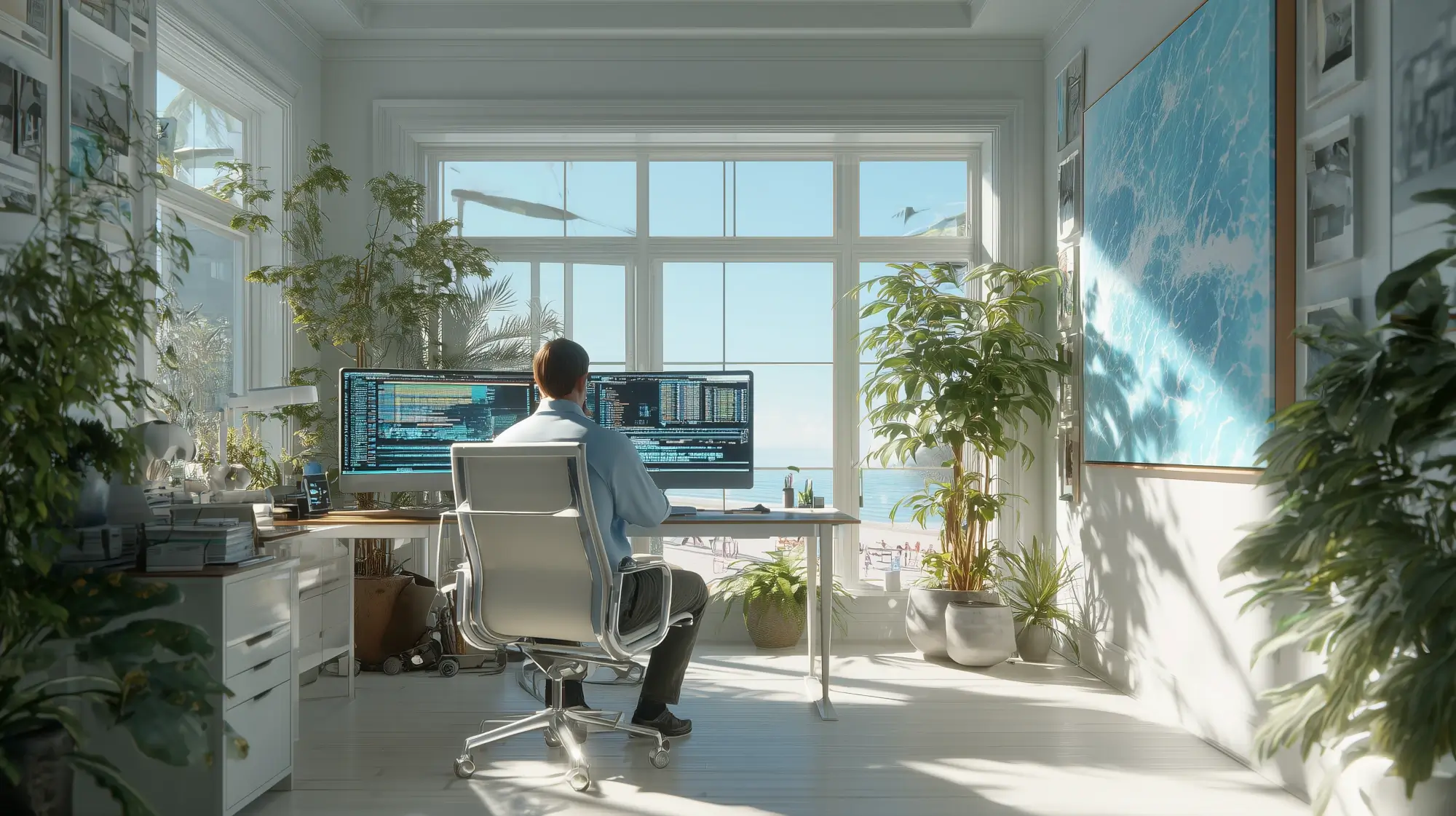 Colorful illustration of a programmer working at a bright, airy office overlooking a beach. The office has lots of plants, a desk, and large windows with lots of light shining through.