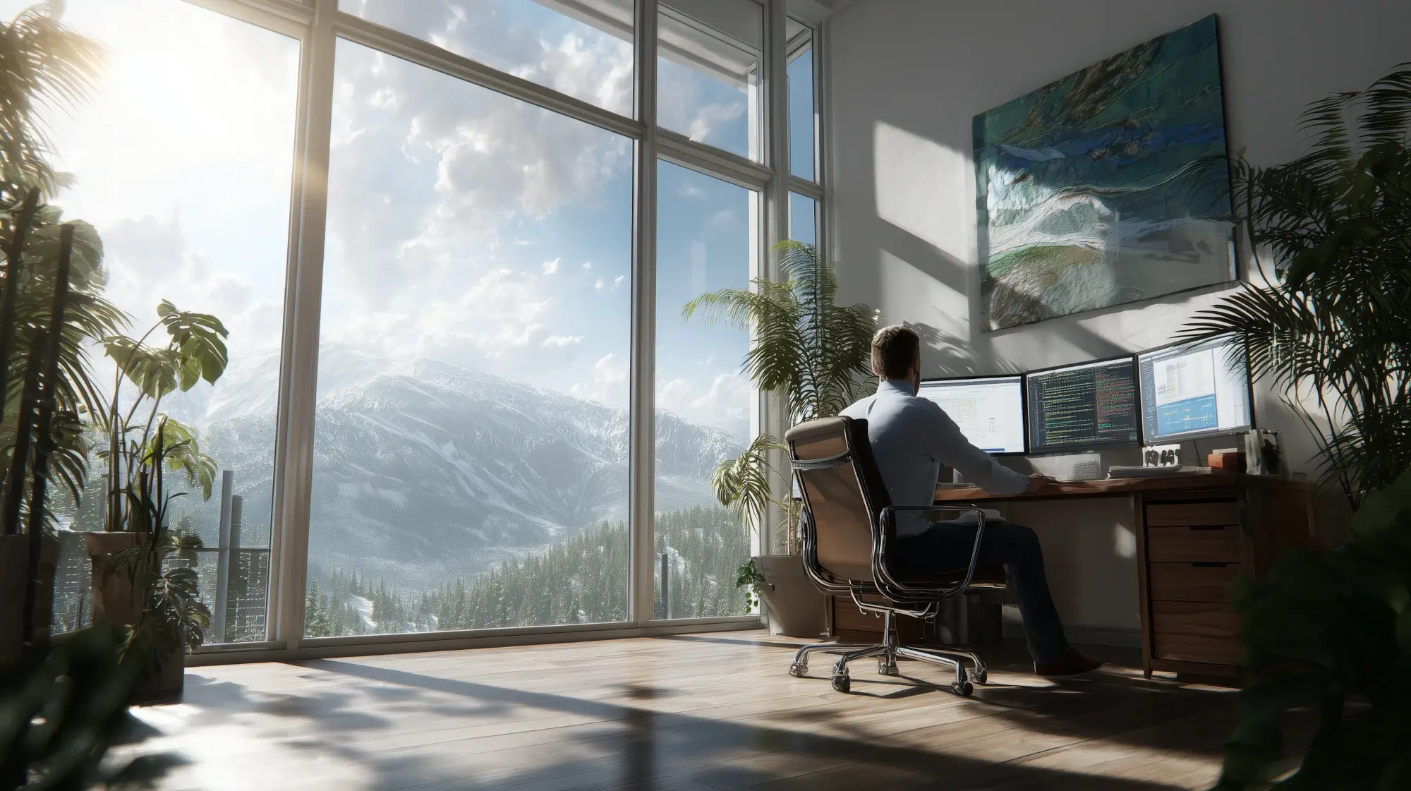 Colorful illustration of a programmer working in a bright, airy office in the mountains. The office contains a plant, a desk, and large windows with sunlight streaming through.