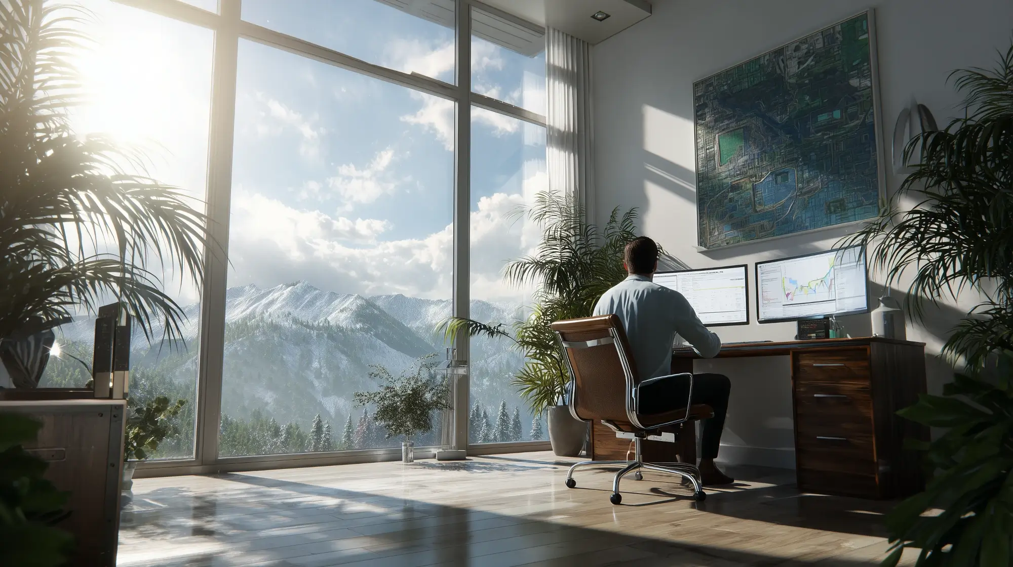 Colorful illustration of a programmer working in an office in the mountains with large windows with lots of light coming through.