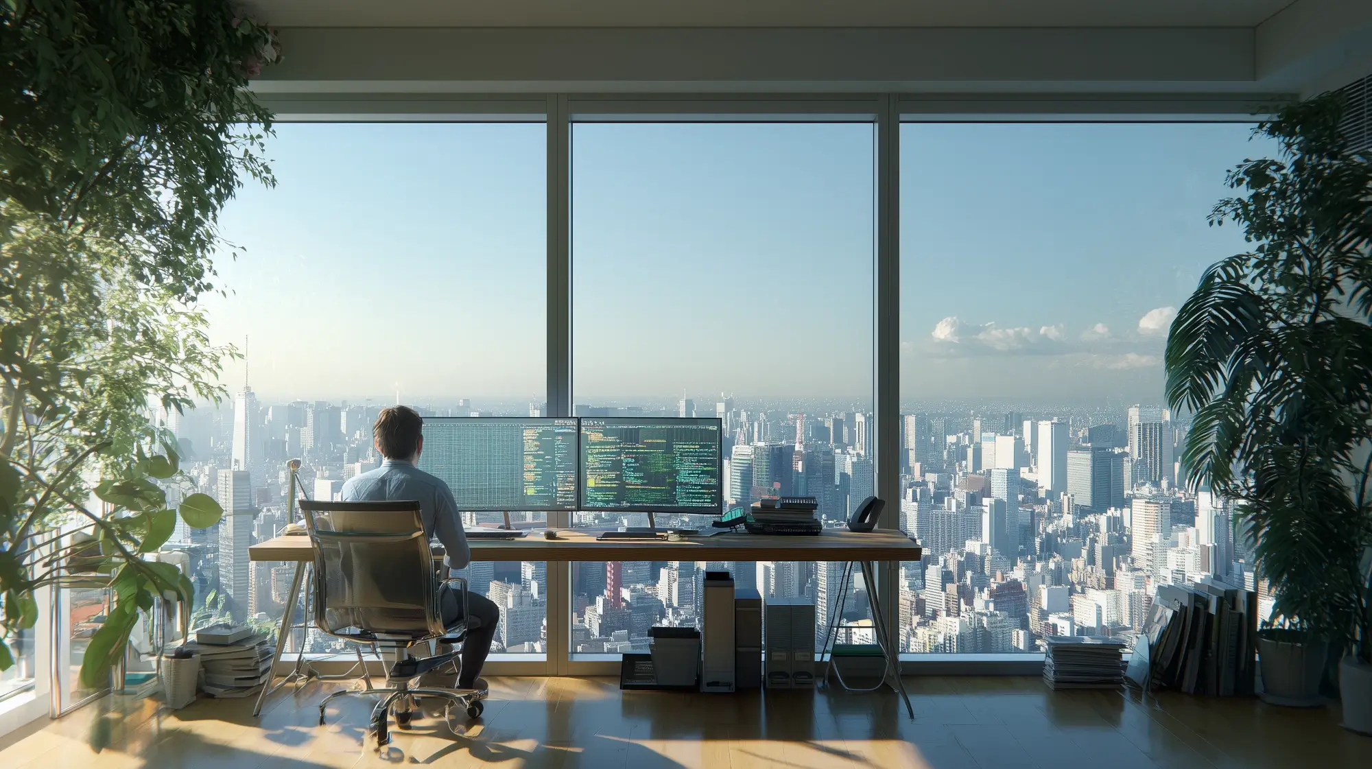Colorful illustration of a programmer working in an office with large windows and the city of Tokyo, Japan outside.