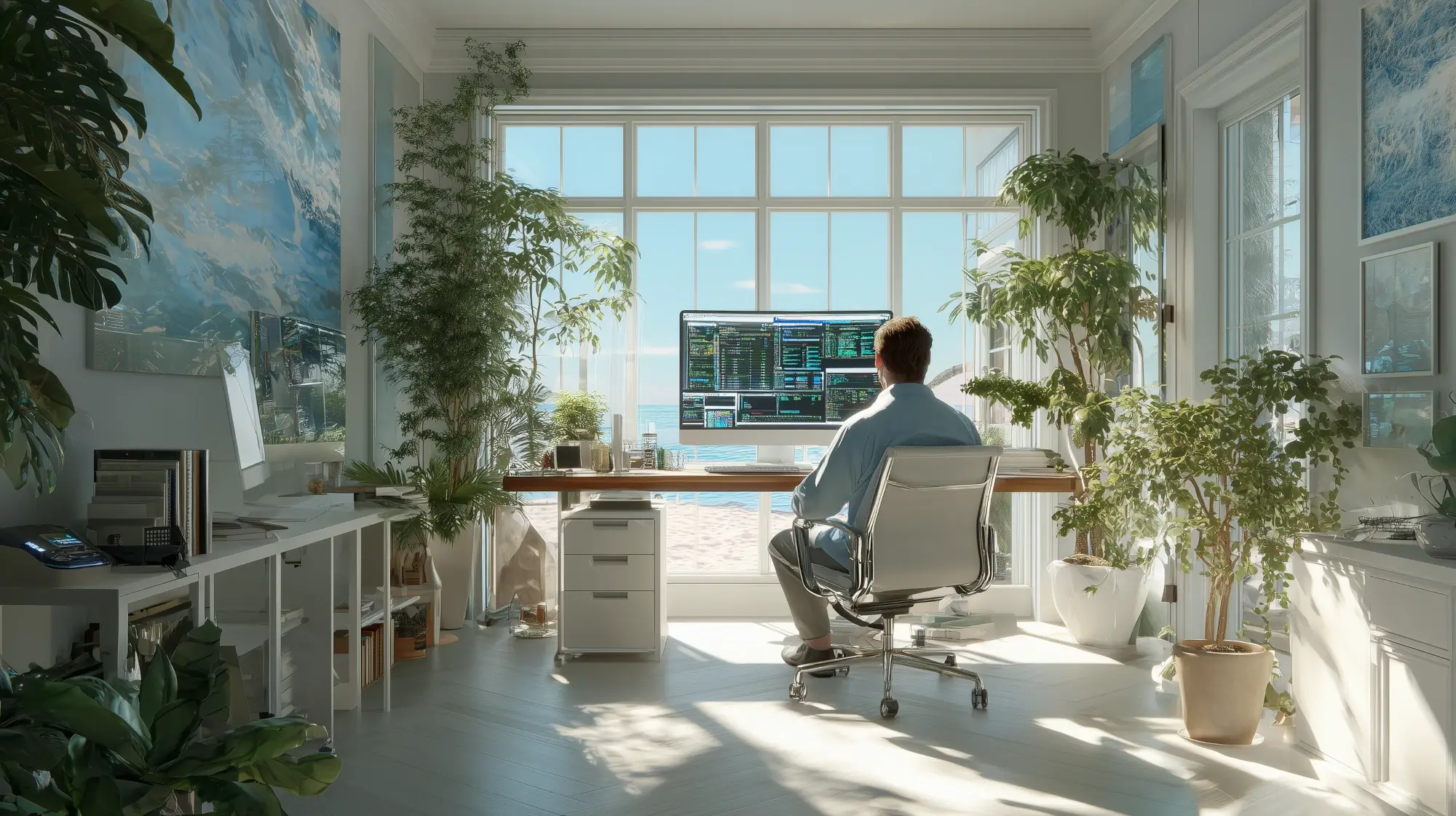 Colorful illustration of a programmer working in an office at a beach. The office has lots of plants, a desk with a computer, and large windows with sunlight coming through.